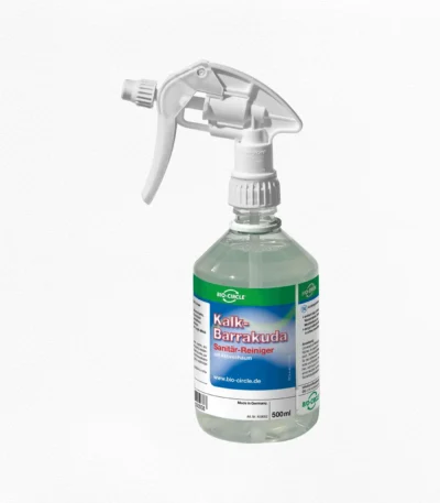 Transparente 500-ml-Sprühflasche BIO-CIRCLE Kalk-Barrakuda, Sanitär-Reiniger mit Aktivschaum, mit klarer Reinigungsflüssigkeit, weißem Sprühkopf und blau-grünem Produktetikett