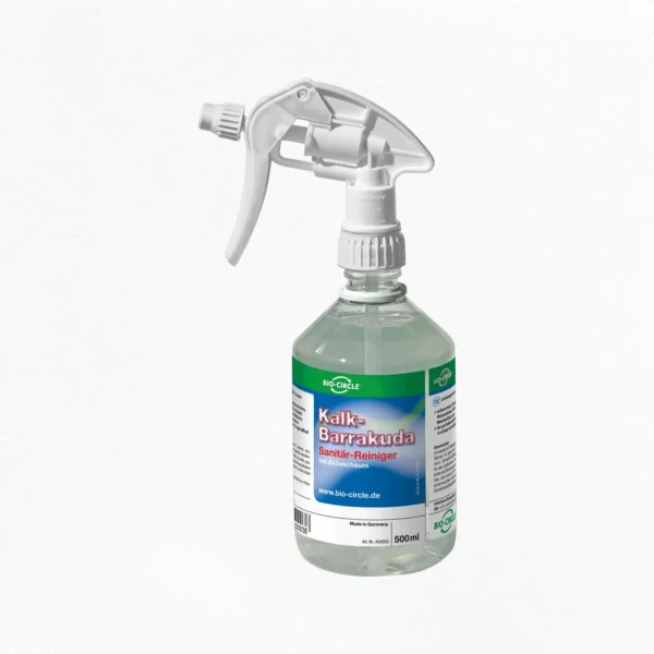 Transparente 500-ml-Sprühflasche BIO-CIRCLE Kalk-Barrakuda, Sanitär-Reiniger mit Aktivschaum, mit klarer Reinigungsflüssigkeit, weißem Sprühkopf und blau-grünem Produktetikett