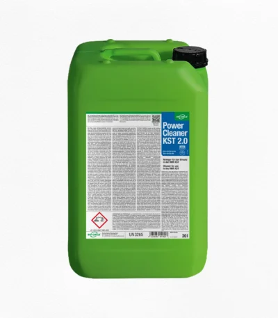 Grüner 20-Liter-Kanister BIO-CIRCLE Power Cleaner KST 2.0, Reiniger für den Einsatz in der RRW KST, mit schwarzem Schraubverschluss, integriertem Tragegriff und blau-weißem Produktetikett