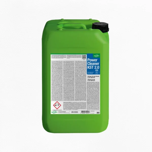 Grüner 20-Liter-Kanister BIO-CIRCLE Power Cleaner KST 2.0, Reiniger für den Einsatz in der RRW KST, mit schwarzem Schraubverschluss, integriertem Tragegriff und blau-weißem Produktetikett
