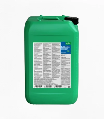 Grüner 20-Liter-Kanister BIO-CIRCLE Fußbodenreiniger mit schwarzem Schraubverschluss, integriertem Tragegriff und blau-weißem Produktetikett. Hochwirksames Fußbodenreiniger-Konzentrat.