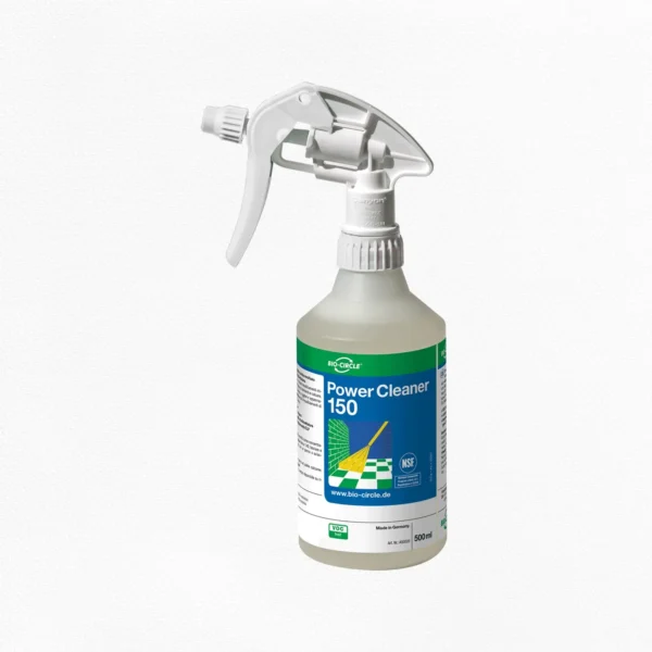 BIO-CIRCLE Power Cleaner 150 in einer transparenten 500-ml-Sprühflasche mit weißem Sprühkopf, blau-grünem Produktetikett sowie NSF- und VOC-frei-Kennzeichnung.