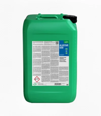 Grüner 20-Liter-Kanister BIO-CIRCLE ALUSTAR 500, Maschinenreiniger für extreme Verschmutzungen, mit integriertem Tragegriff, schwarzem Schraubverschluss und blau-weißem Produktetikett