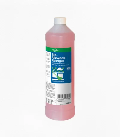 BIO-CIRCLE Bio-Allzweck-Reiniger in einer transparenten 1-Liter-Flasche mit rosafarbener Reinigungsflüssigkeit, weißem Schraubverschluss und blau-grünem Produktetikett