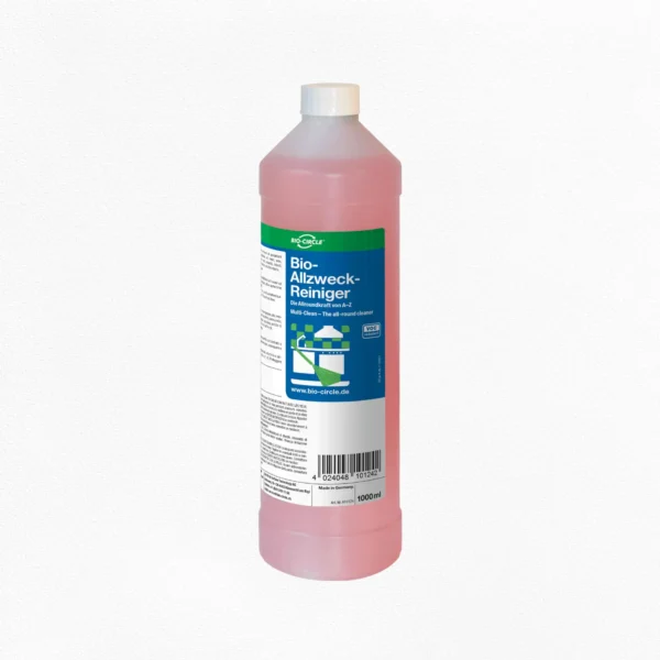 BIO-CIRCLE Bio-Allzweck-Reiniger in einer transparenten 1-Liter-Flasche mit rosafarbener Reinigungsflüssigkeit, weißem Schraubverschluss und blau-grünem Produktetikett