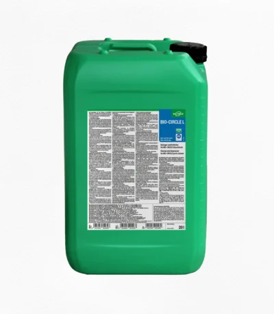 Grüner 20-Liter-Kanister BIO-CIRCLE L Reiniger und Entfetter für BIO-CIRCLE Waschtische mit integriertem Tragegriff, schwarzem Schraubverschluss und blau-weißem Produktetikett.