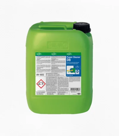 Grüner 10-Liter-Kanister BIO-CIRCLE Power Cleaner DB, Kraftreiniger für den maschinellen Einsatz, mit schwarzem Schraubverschluss und blau-weißem Produktetikett