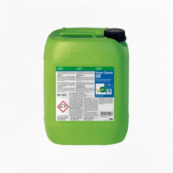 Grüner 10-Liter-Kanister BIO-CIRCLE Power Cleaner DB, Kraftreiniger für den maschinellen Einsatz, mit schwarzem Schraubverschluss und blau-weißem Produktetikett