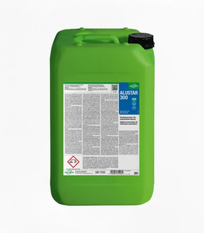 Grüner 20-Liter-Kanister BIO-CIRCLE ALUSTAR 300, hochkonzentrierter Reiniger für maschinelle Anwendungen, mit integriertem Tragegriff, schwarzem Schraubverschluss und blau-weißem Produktetikett