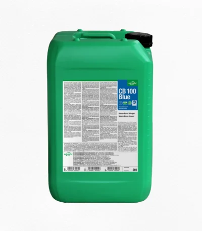 Grüner 20-Liter-Kanister mit BIO-CIRCLE CB 100 Blue Nature Boost Reiniger, blau-weißem Produktetikett, integriertem Tragegriff und schwarzem Schraubverschluss
