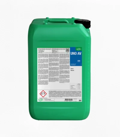 Grüner 20-Liter-Kanister mit BIO-CIRCLE UNO AV Reiniger, blau-weißem Produktetikett, integriertem Tragegriff und schwarzem Schraubverschluss