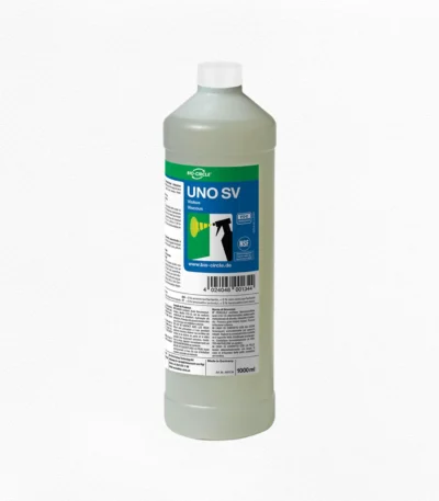 Halbtransparente 1-Liter-Flasche BIO-CIRCLE UNO SV, viskoser Intensivreiniger, mit weißem Schraubverschluss und blau-grünem Produktetikett.