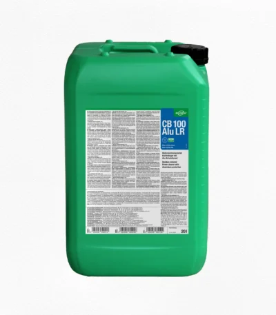 Grüner 20-Liter-Kanister mit BIO-CIRCLE CB 100 Alu LR, rückstandsreduziertem Kraftreiniger mit Alu-Schutzformel, blau-weißem Produktetikett, integriertem Tragegriff und schwarzem Schraubverschluss.