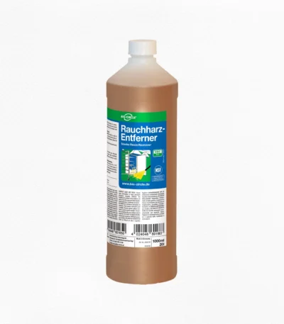 Halbtransparente 1-Liter-Flasche BIO-CIRCLE Rauchharz-Entferner mit bräunlicher Reinigungsflüssigkeit, weißem Schraubverschluss und blau-grünem Produktetikett.