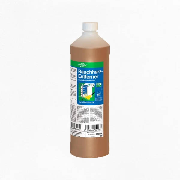 Halbtransparente 1-Liter-Flasche BIO-CIRCLE Rauchharz-Entferner mit bräunlicher Reinigungsflüssigkeit, weißem Schraubverschluss und blau-grünem Produktetikett.