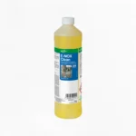 Halbtransparente 1-Liter-Flasche BIO-CIRCLE E-NOX Clean, Reinigungsgel für Edelstahl, mit gelber Reinigungsflüssigkeit, weißem Schraubverschluss und blau-grünem Produktetikett