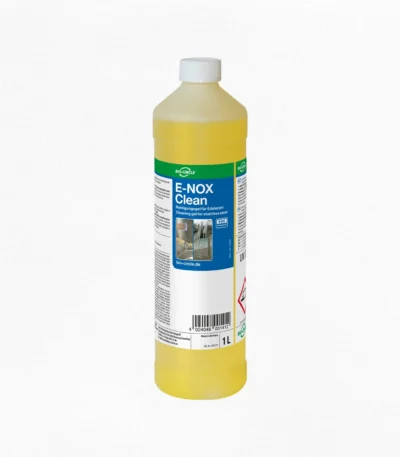 Halbtransparente 1-Liter-Flasche BIO-CIRCLE E-NOX Clean, Reinigungsgel für Edelstahl, mit gelber Reinigungsflüssigkeit, weißem Schraubverschluss und blau-grünem Produktetikett