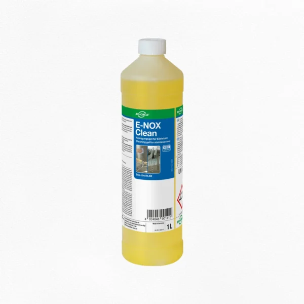 Halbtransparente 1-Liter-Flasche BIO-CIRCLE E-NOX Clean, Reinigungsgel für Edelstahl, mit gelber Reinigungsflüssigkeit, weißem Schraubverschluss und blau-grünem Produktetikett