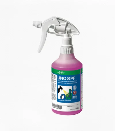 Halbtransparente 500-ml-Sprühflasche BIO-CIRCLE UNO SPF, schaumarm mit Korrosionsschutz, mit rosafarbener Reinigungsflüssigkeit, weißem Sprühkopf und blau-grünem Produktetikett.