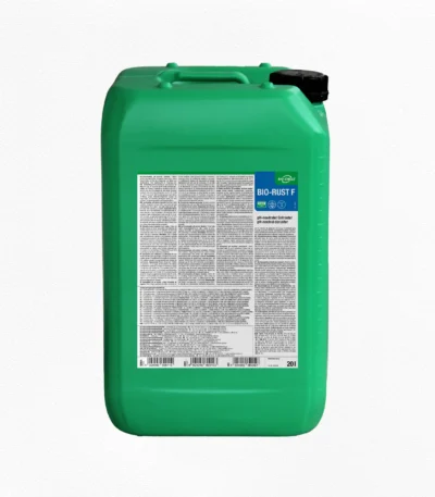 Grüner 20-Liter-Kanister BIO-CIRCLE BIO-RUST F, pH-neutraler Entroster, mit schwarzem Schraubverschluss und blau-weißem Produktetikett