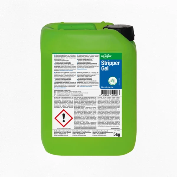 Grüner 5-L-Kanister BIO-CIRCLE Stripper Gel, Beschichtungsentferner, mit schwarzem Schraubverschluss und blau-grünem Produktetikett