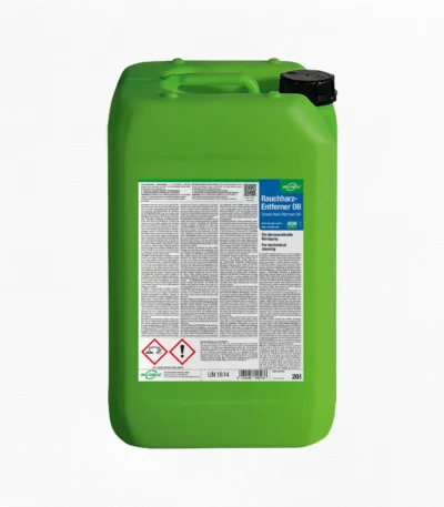 Grüner 20-Liter-Kanister BIO-CIRCLE Rauchharz-Entferner DB für die maschinelle Reinigung, mit schwarzem Schraubverschluss und blau-weißem Produktetikett