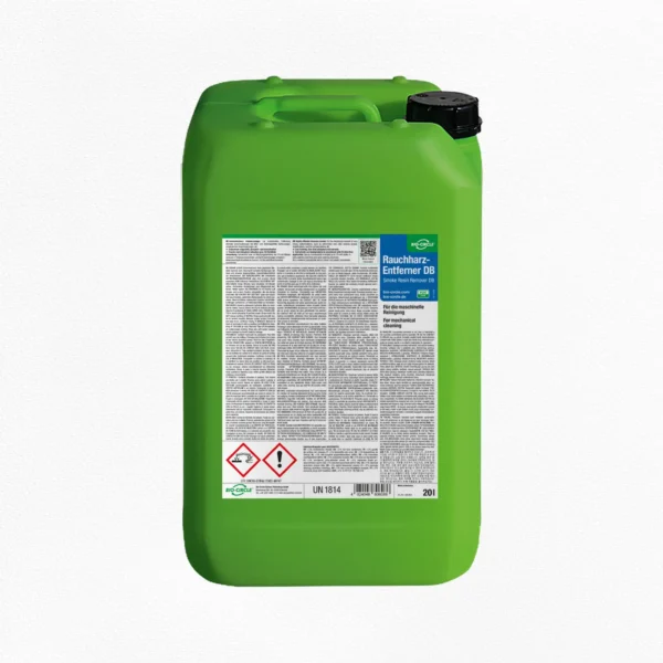 Grüner 20-Liter-Kanister BIO-CIRCLE Rauchharz-Entferner DB für die maschinelle Reinigung, mit schwarzem Schraubverschluss und blau-weißem Produktetikett