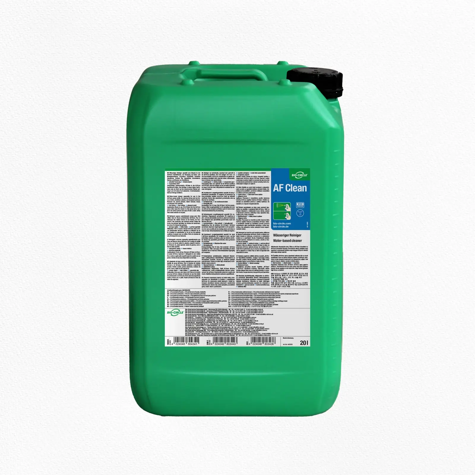 A59_AF Clean_20l Grüner 20-L-Kanister BIO-CIRCLE AF Clean, Bremsenreiniger-Alternative, mit schwarzem Schraubverschluss und blau-weißem Produktetikett.