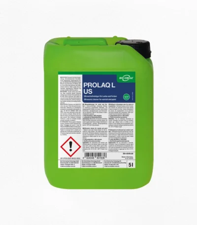Grüner 5-Liter-Kanister BIO-CIRCLE PROLAQ L US, Ultraschallreiniger für Lacke und Farben, mit schwarzem Schraubverschluss und blau-weißem Produktetikett
