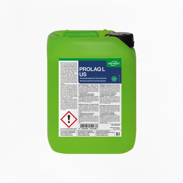 Grüner 5-Liter-Kanister BIO-CIRCLE PROLAQ L US, Ultraschallreiniger für Lacke und Farben, mit schwarzem Schraubverschluss und blau-weißem Produktetikett
