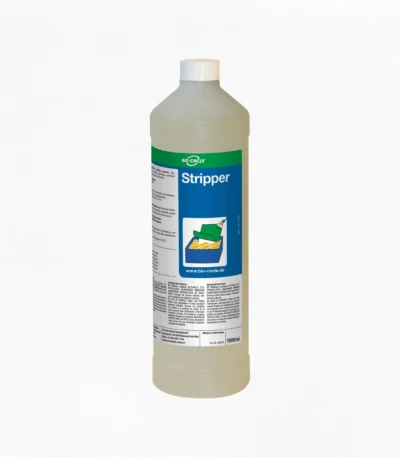 Halbtransparente 1-Liter-Flasche BIO-CIRCLE Stripper, Beschichtungsentferner, mit heller Reinigungsflüssigkeit, weißem Schraubverschluss und blau-grünem Produktetikett