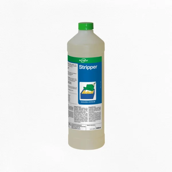 Halbtransparente 1-Liter-Flasche BIO-CIRCLE Stripper, Beschichtungsentferner, mit heller Reinigungsflüssigkeit, grünem Schraubverschluss und blau-grünem Produktetikett