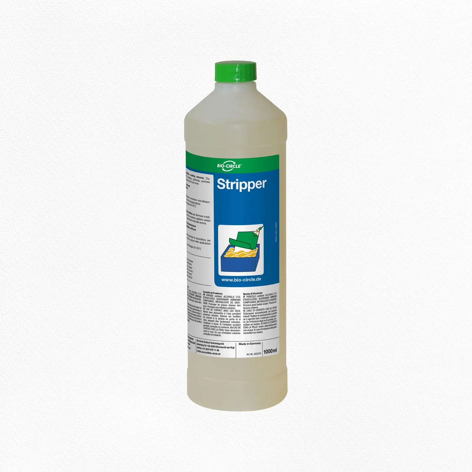 A76_Stripper 200_1000ml Halbtransparente 1-Liter-Flasche BIO-CIRCLE Stripper, Beschichtungsentferner, mit heller Reinigungsflüssigkeit, grünem Schraubverschluss und blau-grünem Produktetikett