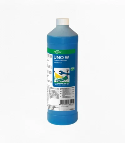 Halbtransparente 1-Liter-Flasche BIO-CIRCLE UNO W, Werkstatt-Reiniger, mit blauer Reinigungsflüssigkeit, weißem Schraubverschluss und blau-grünem Produktetikett