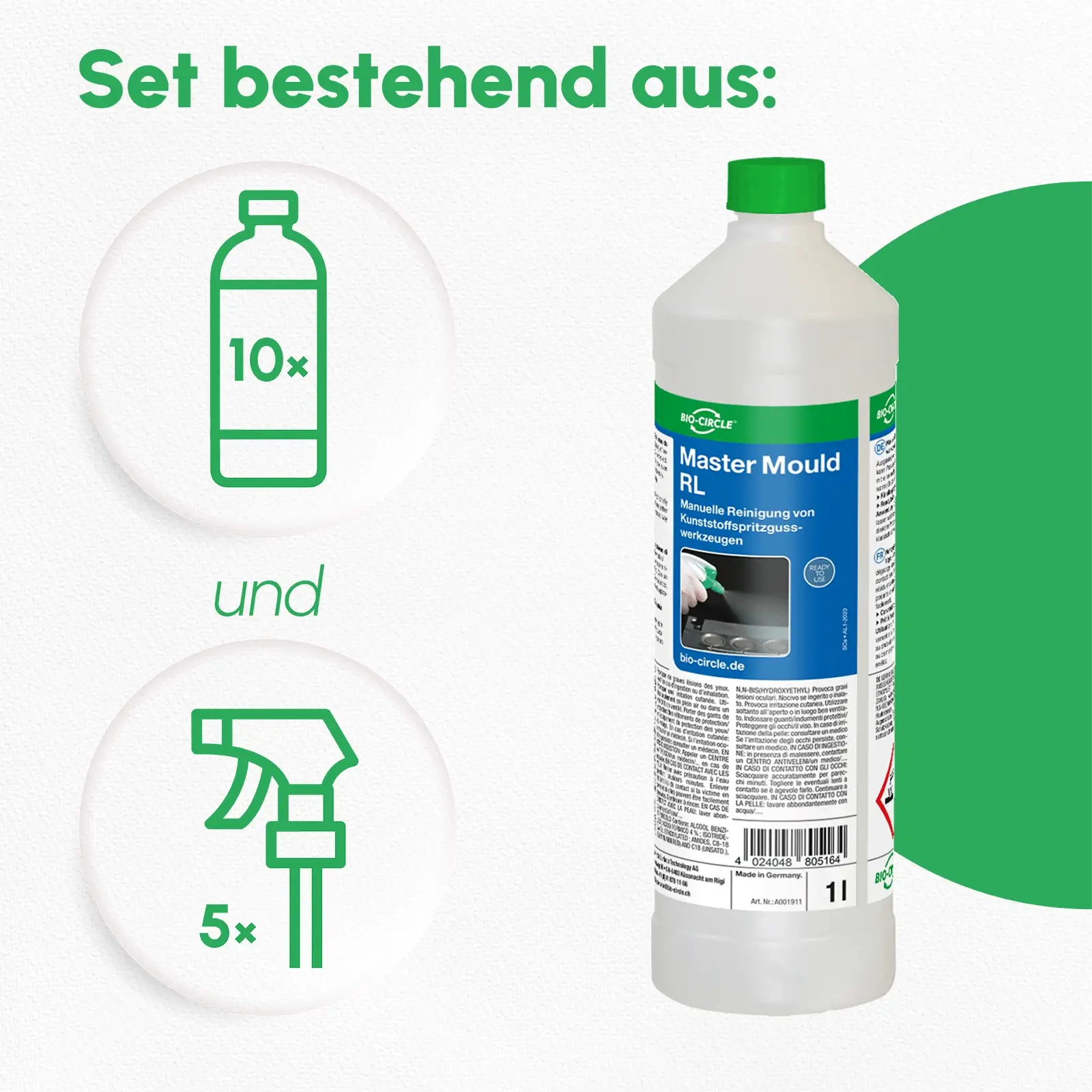 A911_Master Mould RL_1000 ml-Set BIO-CIRCLE Master Mould RL Set bestehend aus zehn 1-Liter-Flaschen zur manuellen Reinigung von Kunststoffspritzgusswerkzeugen und fünf Sprühköpfen