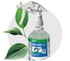CB 100 Sprühflasche vor grauem Hintergrund und grünem Blatt