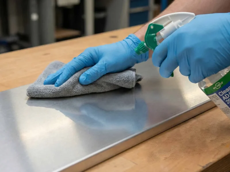 Bio-Circle Reiniger Clean AD(hesive) 200 wird auf Metalloberfläche aufgesprüht und mit Mikrofasertuch abgewischt – gründliche Oberflächenreinigung vor dem Kleben von Metall und Kunststoff.