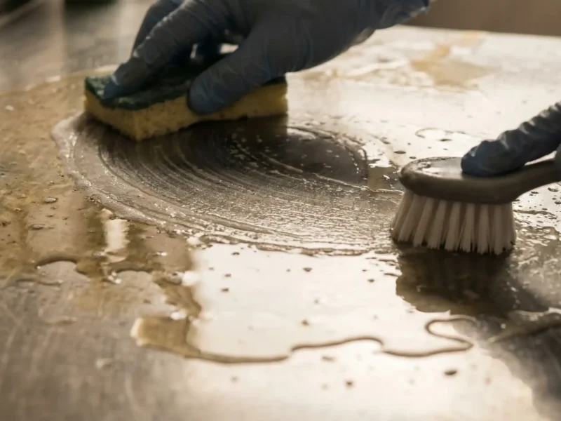 Verschmutzte Metalloberfläche wird mit Schwamm und Bürste gereinigt – Entfernen von Ölfilm und hartnäckigen Rückständen vor der Weiterverarbeitung.