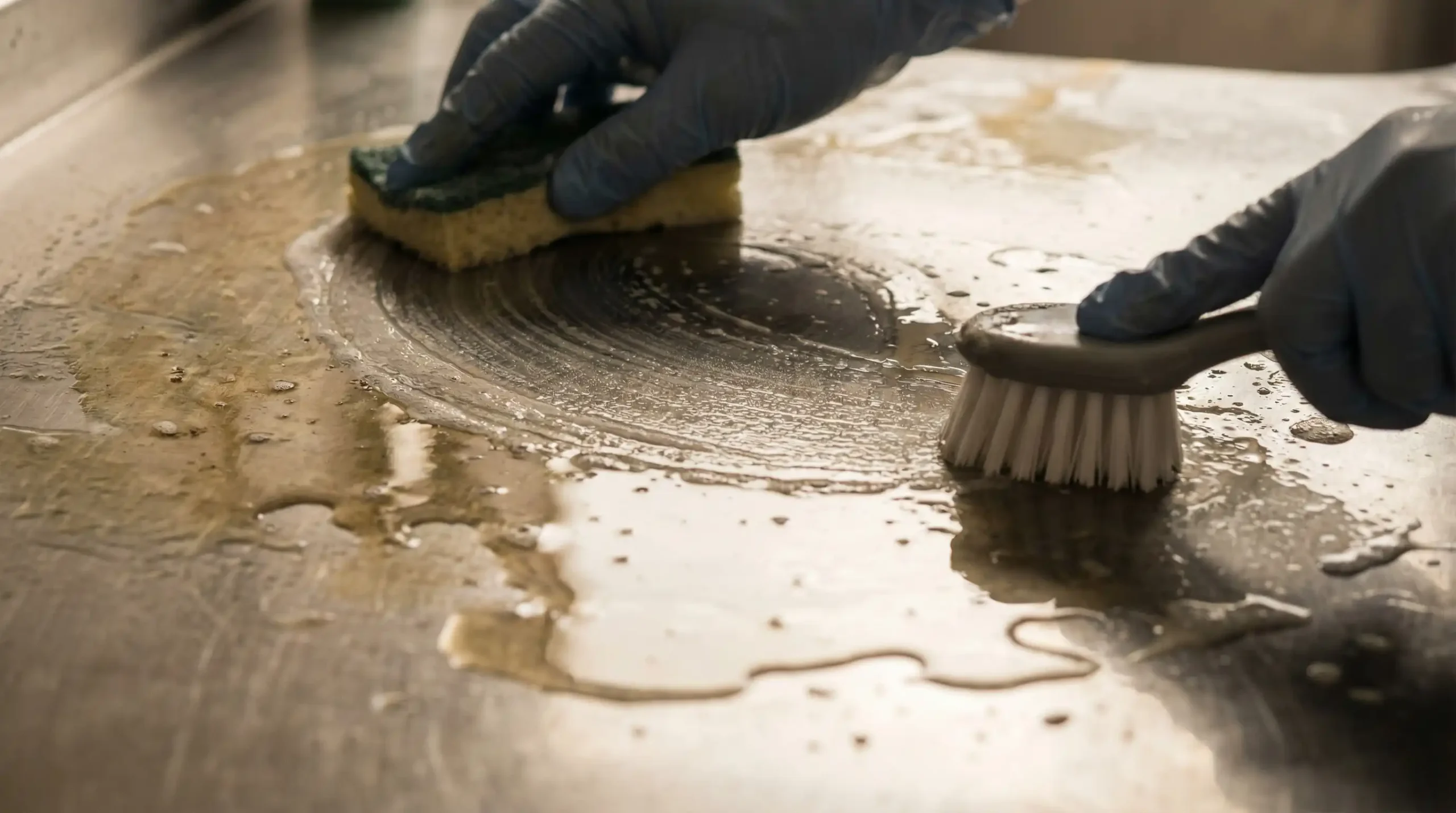 Verschmutzte Metalloberfläche wird mit Schwamm und Bürste gereinigt – Entfernen von Ölfilm und hartnäckigen Rückständen vor der Weiterverarbeitung.