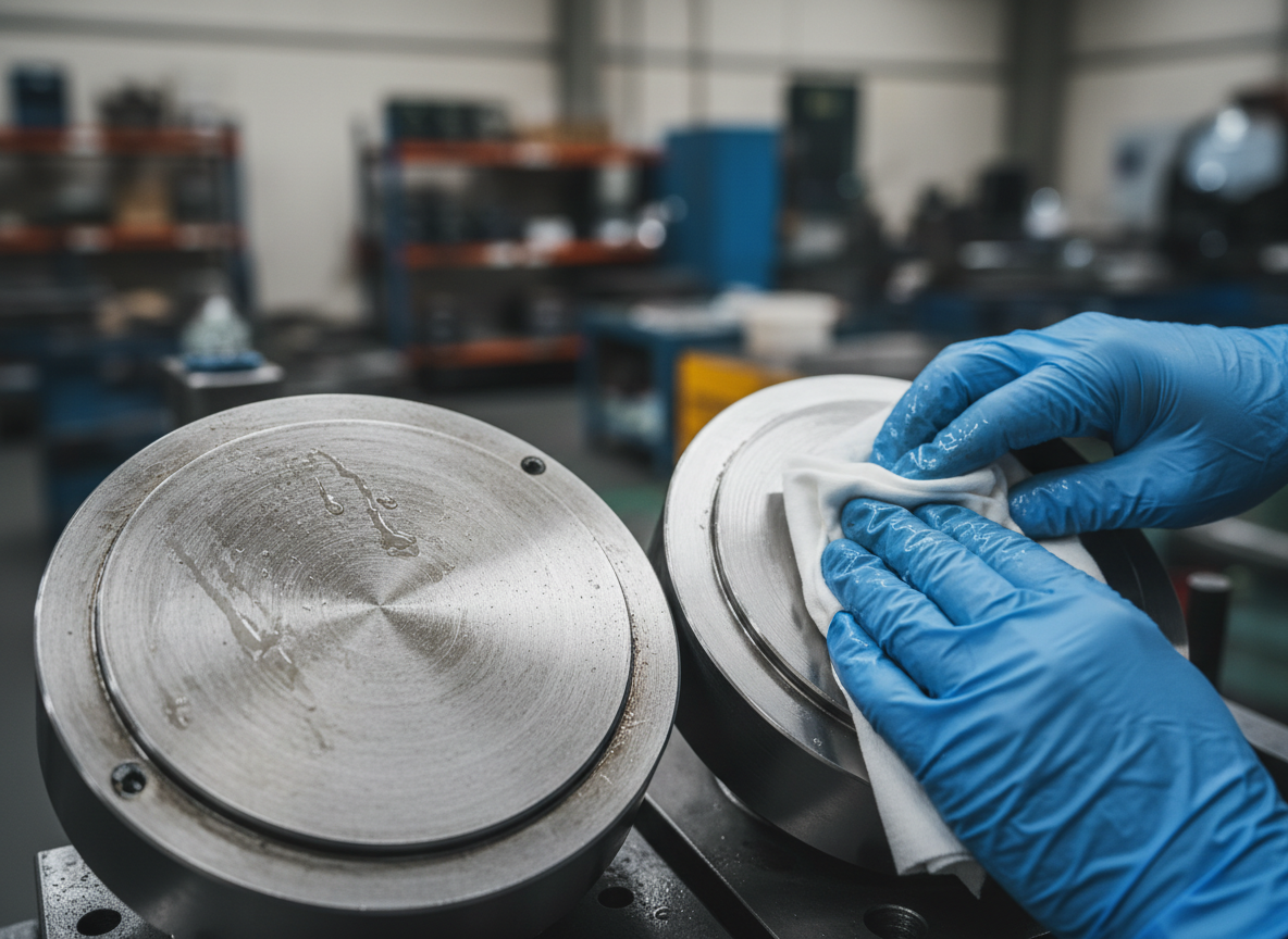 Nahaufnahme zweier Metallbauteile vor dem Kleben eine Oberflaeche sichtbar mit Oelfilm