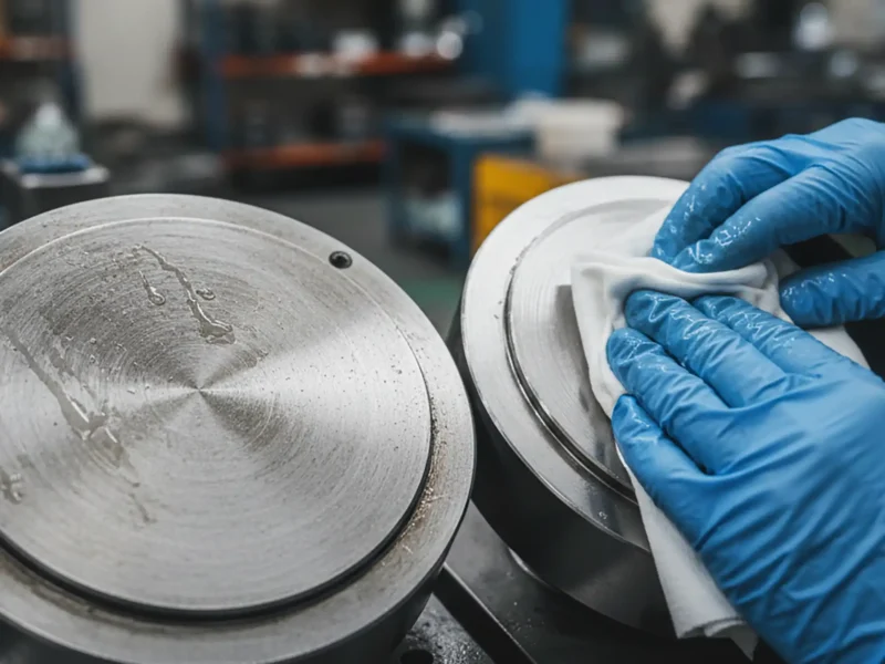 Nahaufnahme zweier Metallbauteile vor dem Kleben eine Oberflaeche sichtbar mit Oelfilm
