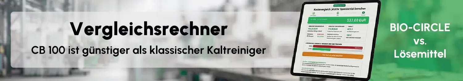 Banner für den BIO-CIRCLE Vergleichsrechner CB 100 vs. Lösemittel. Berechnen Sie ihr Sparpotenzial