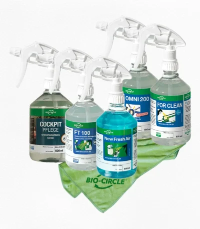 Bio-Circle Sprühreiniger im 500-ml-Sprühflaschen-Set mit Cockpit Pflege, FT 100, New Fresh Air, OMNI 200 und FOR CLEAN inklusive Bio-Circle Mikrofasertuch.