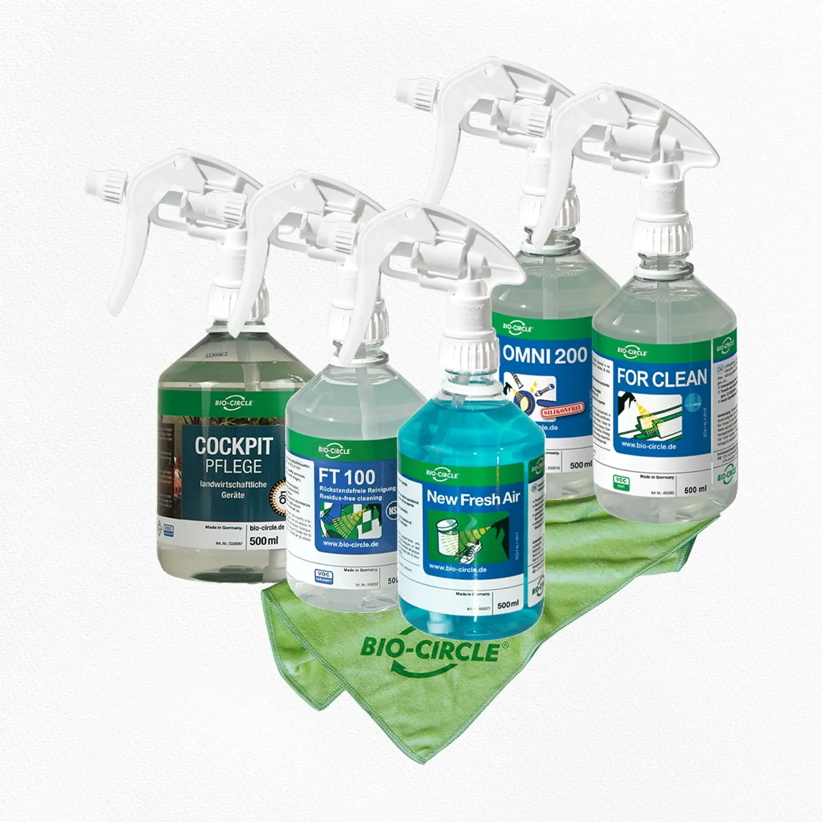 Produktbild Fuhrpark-Paket Bio-Circle Sprühreiniger im 500-ml-Sprühflaschen-Set mit Cockpit Pflege, FT 100, New Fresh Air, OMNI 200 und FOR CLEAN inklusive Bio-Circle Mikrofasertuch.