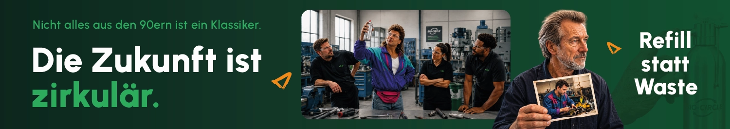 Bio-Circle Kampagnenmotiv zur Kreislaufwirtschaft mit Werkstatt-Team, Refill-Konzept und den Botschaften „Die Zukunft ist zirkulär“ und „Refill statt Waste“.