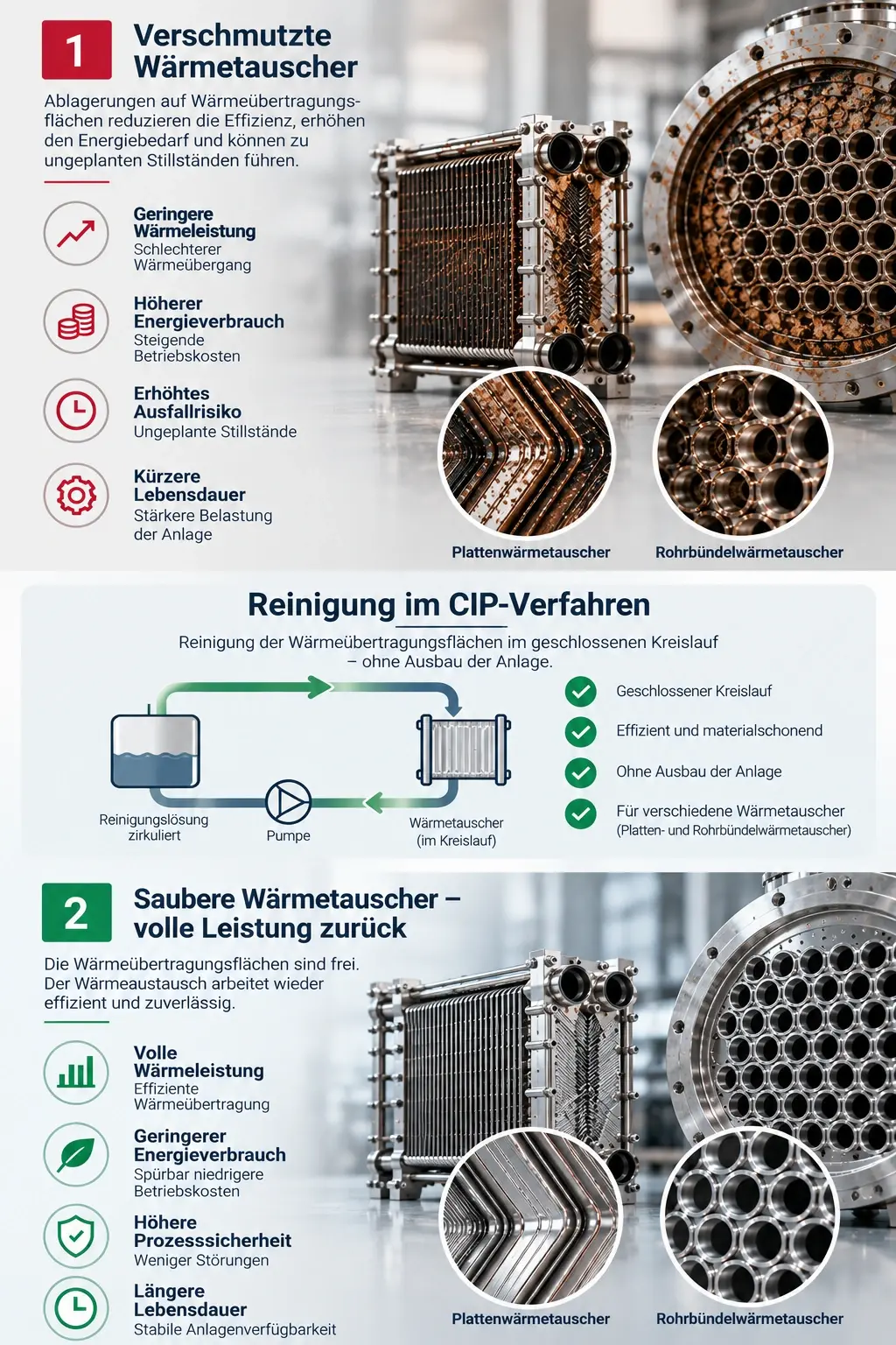 waermetauscher_cip_mobile Infografik zur CIP-Reinigung: Platten- und Rohrbündelwärmetauscher vor und nach der Reinigung sowie Schema des geschlossenen Reinigungskreislaufs ohne Ausbau.