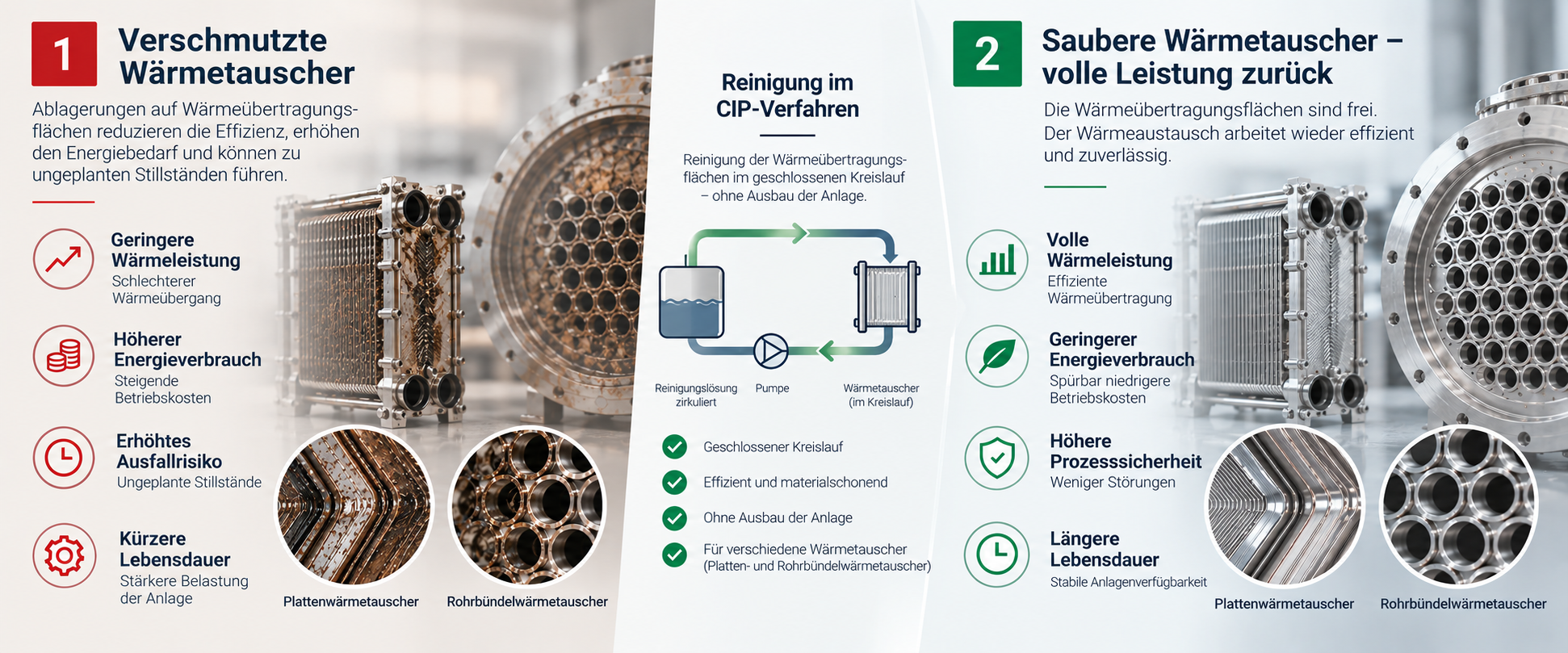 Waermetauscher_cip_desktop Infografik zur CIP-Reinigung: Platten- und Rohrbündelwärmetauscher vor und nach der Reinigung sowie Schema des geschlossenen Reinigungskreislaufs ohne Ausbau.